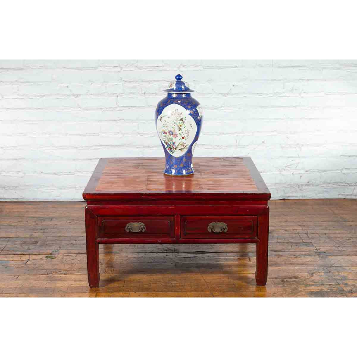 Chinese Dark Red Lacquered Coffee Table with Bamboo Top and Long Drawers-3. Asian & Chinese Furniture, Art, Antiques, Vintage Home Décor for sale at FEA Home