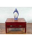 Chinese Dark Red Lacquered Coffee Table with Bamboo Top and Long Drawers-3. Asian & Chinese Furniture, Art, Antiques, Vintage Home Décor for sale at FEA Home