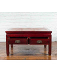Chinese Dark Red Lacquered Coffee Table with Bamboo Top and Long Drawers-11. Asian & Chinese Furniture, Art, Antiques, Vintage Home Décor for sale at FEA Home