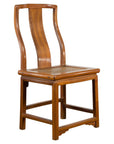 Brown carved elmwood side chair with rattan seat and slightly reclined backrest, early 20th century Chinese style.