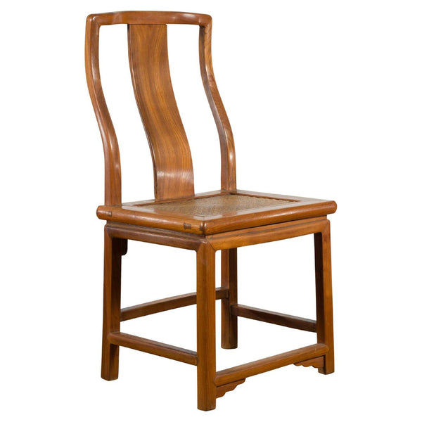 Early 20th Century Carved Elmwood Chair with Rattan Seat FEA Home