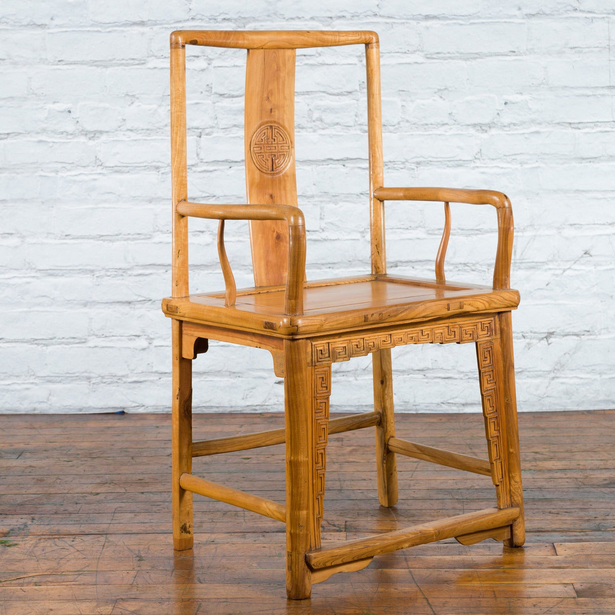 Chinese Qing Dynasty 19th Century Elmwood Armchair with Hand-Carved Medallion-11. Asian & Chinese Furniture, Art, Antiques, Vintage Home Décor for sale at FEA Home