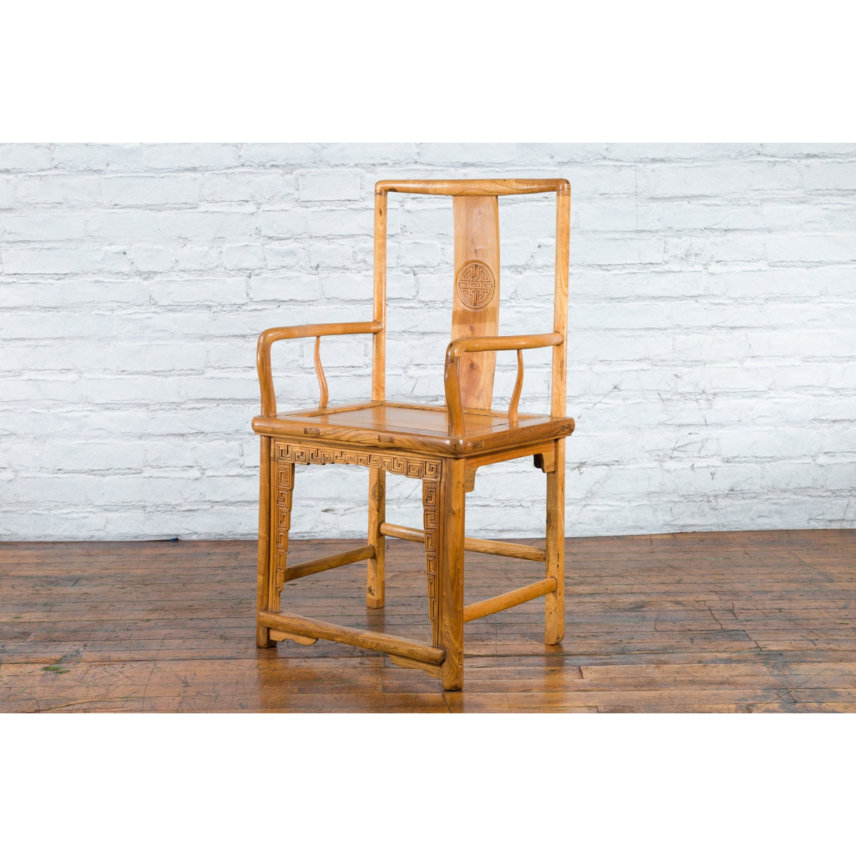 Chinese Qing Dynasty 19th Century Elmwood Armchair with Hand-Carved Medallion-15. Asian & Chinese Furniture, Art, Antiques, Vintage Home Décor for sale at FEA Home