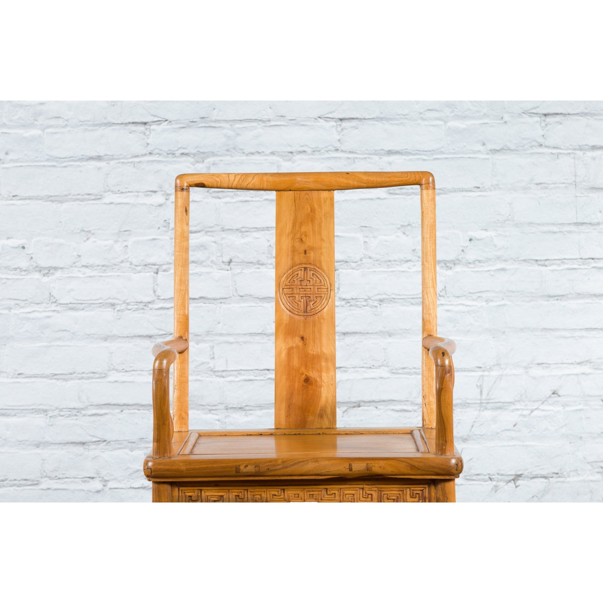 Chinese Qing Dynasty 19th Century Elmwood Armchair with Hand-Carved Medallion-5. Asian & Chinese Furniture, Art, Antiques, Vintage Home Décor for sale at FEA Home