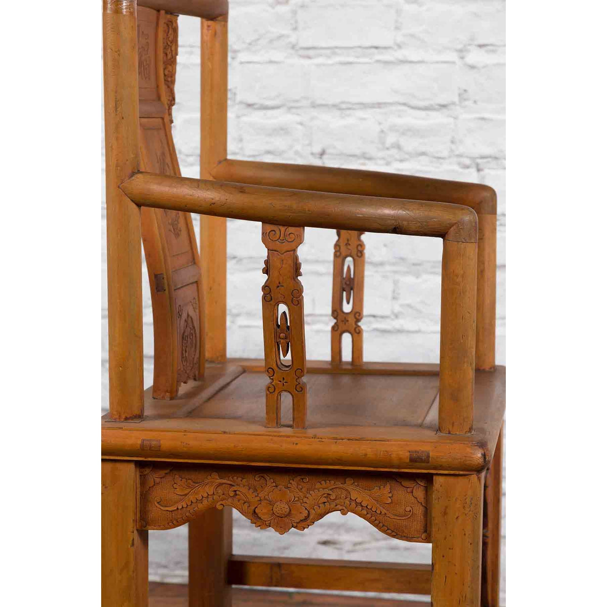 Chinese 19th Century Qing Dynasty Elm Armchair with Carved Traditional Motifs-14. Asian & Chinese Furniture, Art, Antiques, Vintage Home Décor for sale at FEA Home