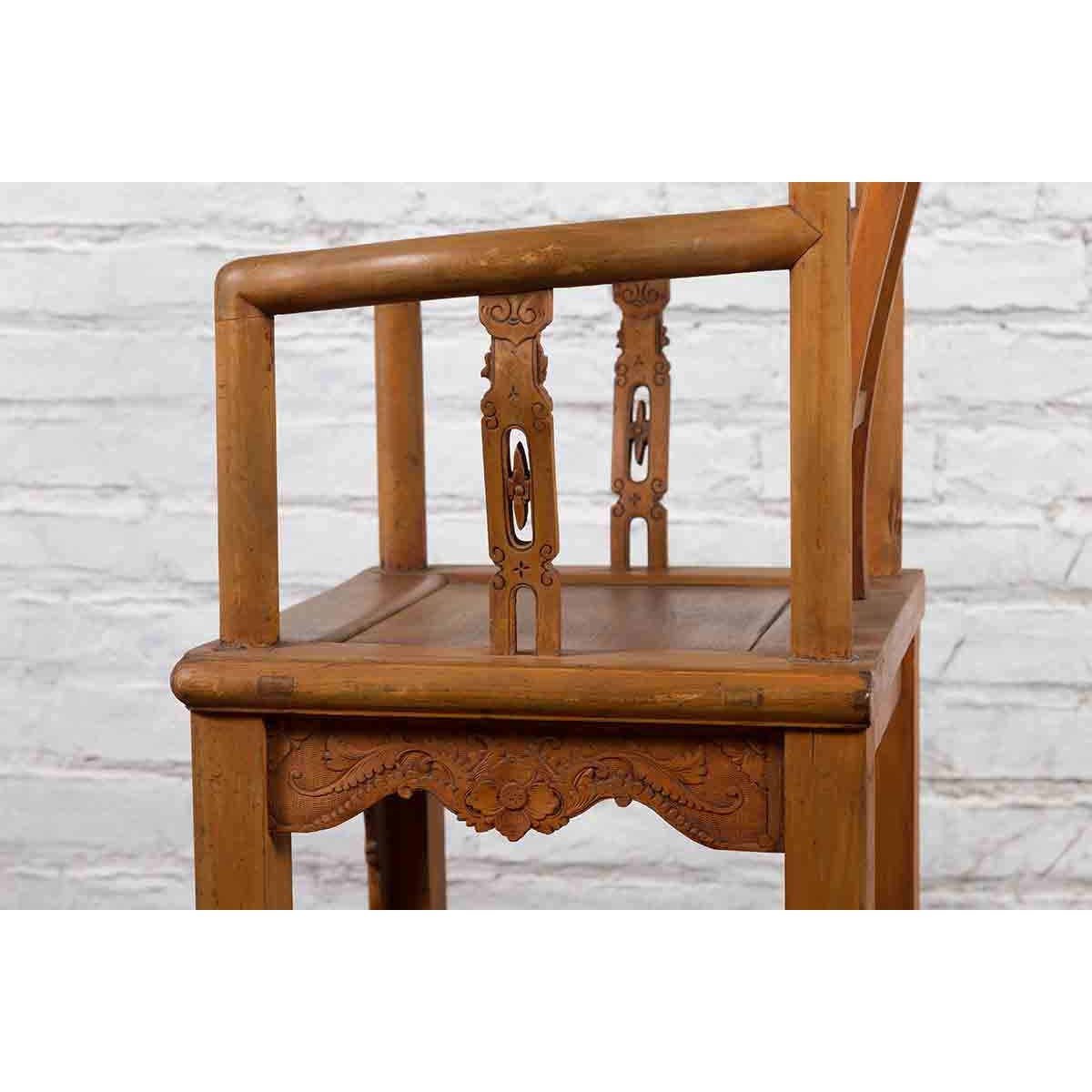 Chinese 19th Century Qing Dynasty Elm Armchair with Carved Traditional Motifs-17. Asian & Chinese Furniture, Art, Antiques, Vintage Home Décor for sale at FEA Home