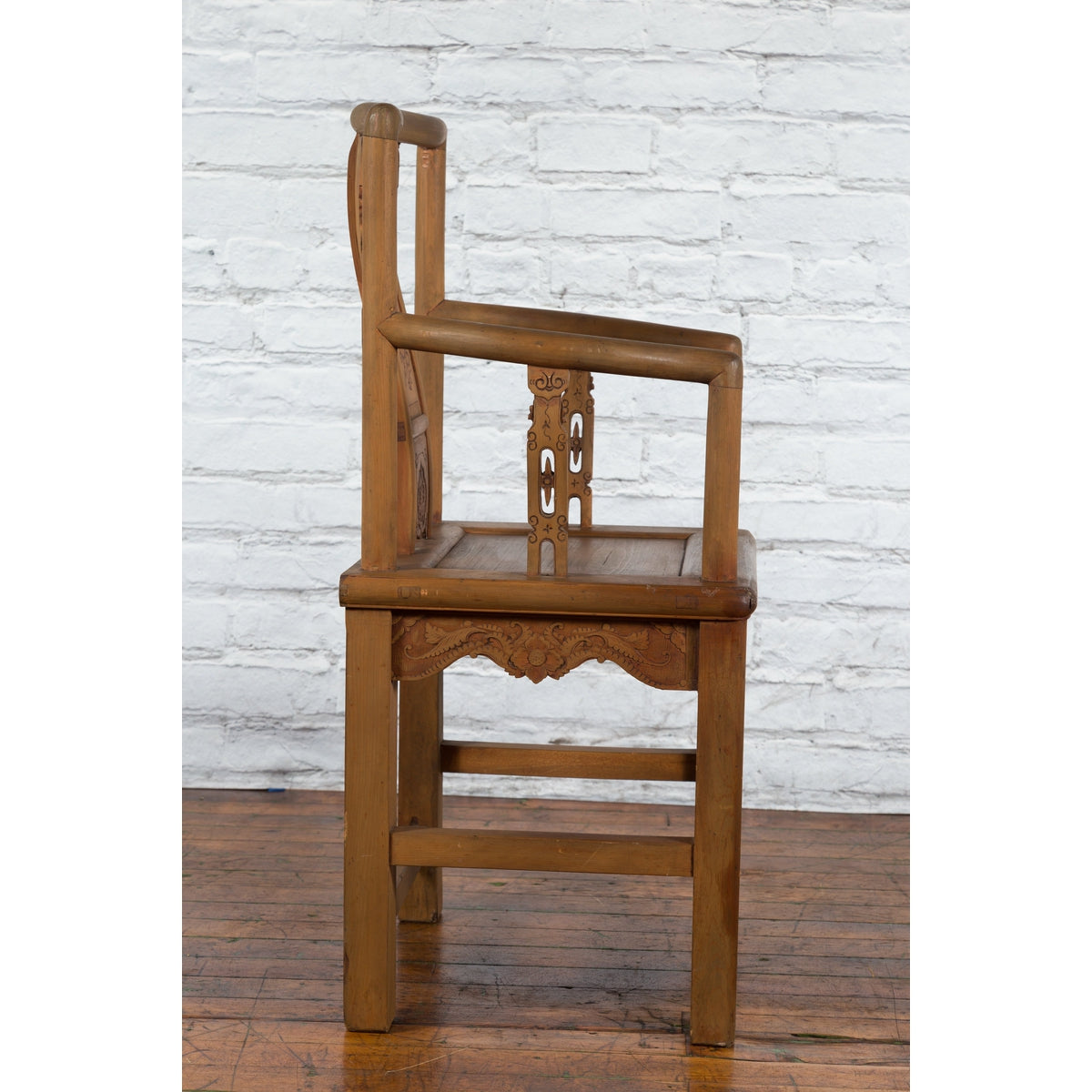 Chinese 19th Century Qing Dynasty Elm Armchair with Carved Traditional Motifs-16. Asian & Chinese Furniture, Art, Antiques, Vintage Home Décor for sale at FEA Home
