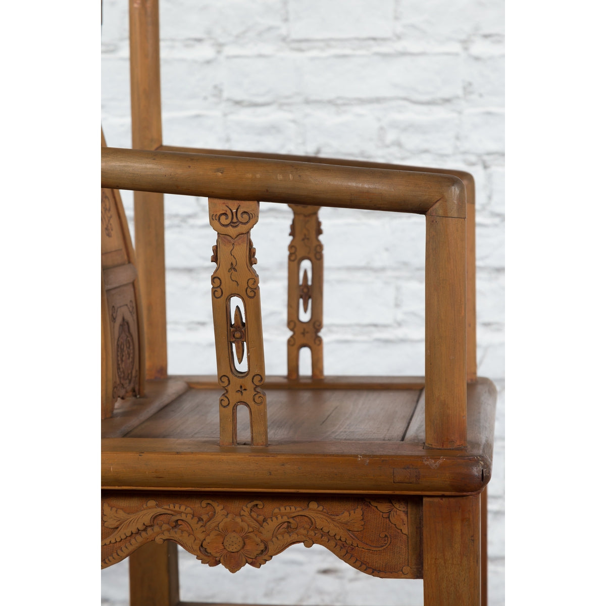 Chinese 19th Century Qing Dynasty Elm Armchair with Carved Traditional Motifs-17. Asian & Chinese Furniture, Art, Antiques, Vintage Home Décor for sale at FEA Home