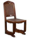 Brown wooden side chair with rattan accents and ornate carved details, Chinese Qing Dynasty, 19th century.