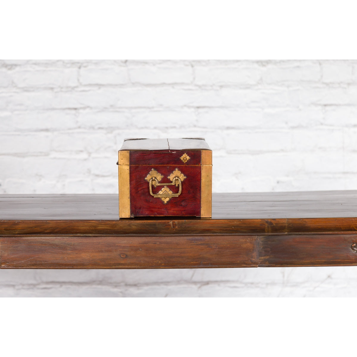 Chinese Vintage Red Lacquer Document Box with Cutout Brass Details-9. Asian & Chinese Furniture, Art, Antiques, Vintage Home Décor for sale at FEA Home