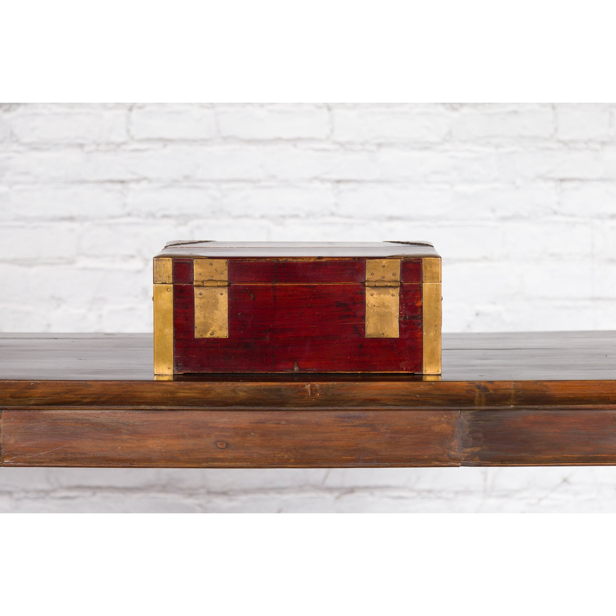 Chinese Vintage Red Lacquer Document Box with Cutout Brass Details-10. Asian & Chinese Furniture, Art, Antiques, Vintage Home Décor for sale at FEA Home