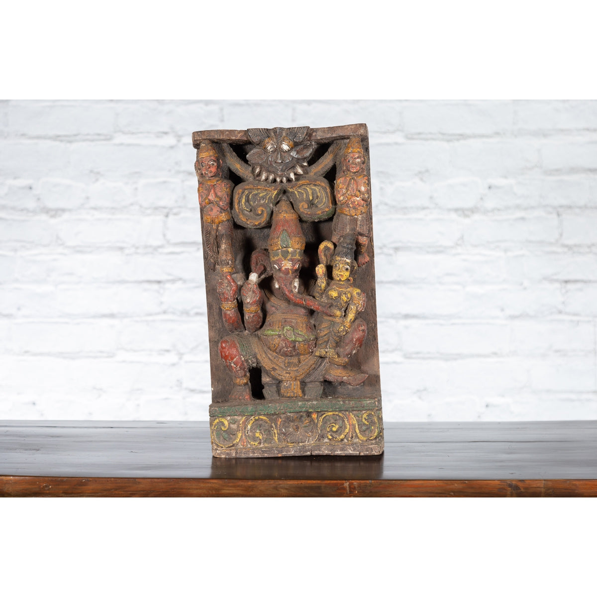 19th Century Indian Multicolor Temple Carving Depicting Ganesha with Consort-3. Asian & Chinese Furniture, Art, Antiques, Vintage Home Décor for sale at FEA Home