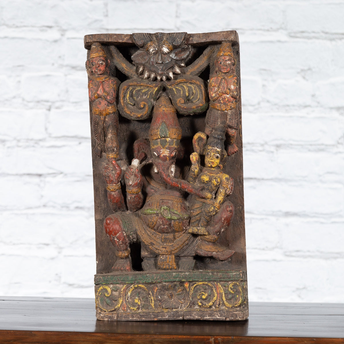 19th Century Indian Multicolor Temple Carving Depicting Ganesha with Consort-5. Asian & Chinese Furniture, Art, Antiques, Vintage Home Décor for sale at FEA Home