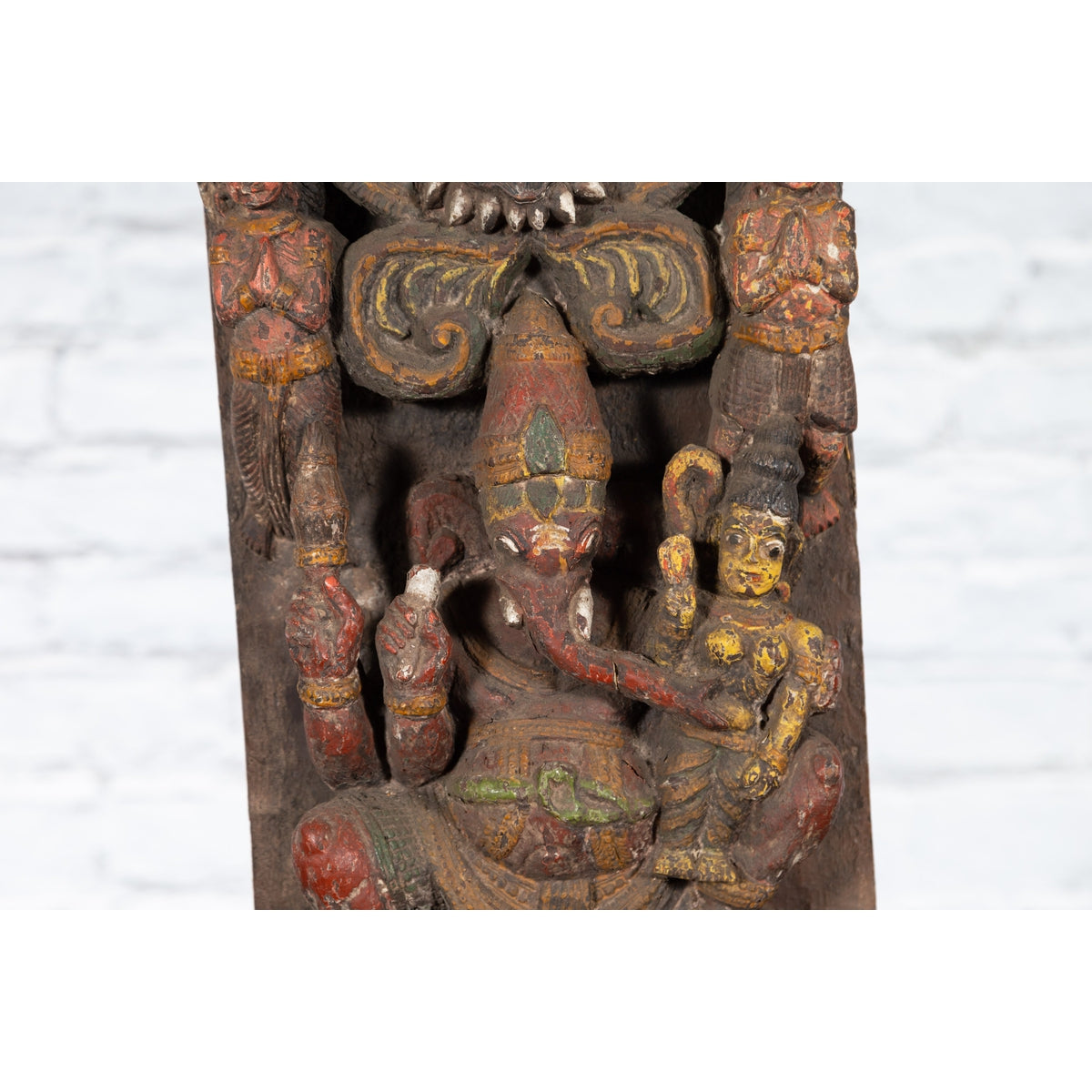 19th Century Indian Multicolor Temple Carving Depicting Ganesha with Consort-7. Asian & Chinese Furniture, Art, Antiques, Vintage Home Décor for sale at FEA Home