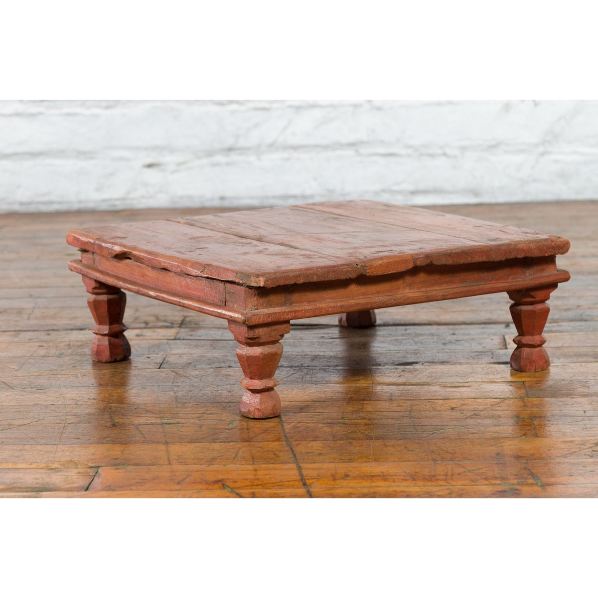 Antique Indian Low Wooden Prayer Table Stand with Carved Angular Legs-3. Asian & Chinese Furniture, Art, Antiques, Vintage Home Décor for sale at FEA Home