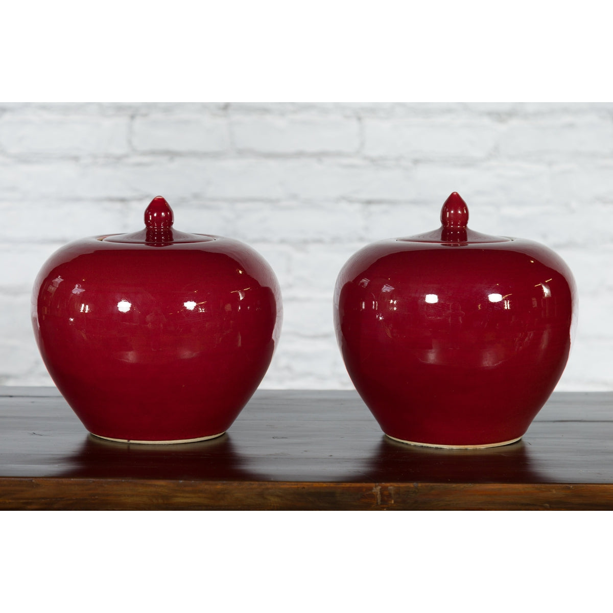 Pair of Chinese Vintage Jars with Oxblood Finish and Petite Lids-5. Asian & Chinese Furniture, Art, Antiques, Vintage Home Décor for sale at FEA Home