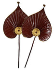 Dark red antique Chinese flags or fans with gold accents and long handles, displayed side by side.