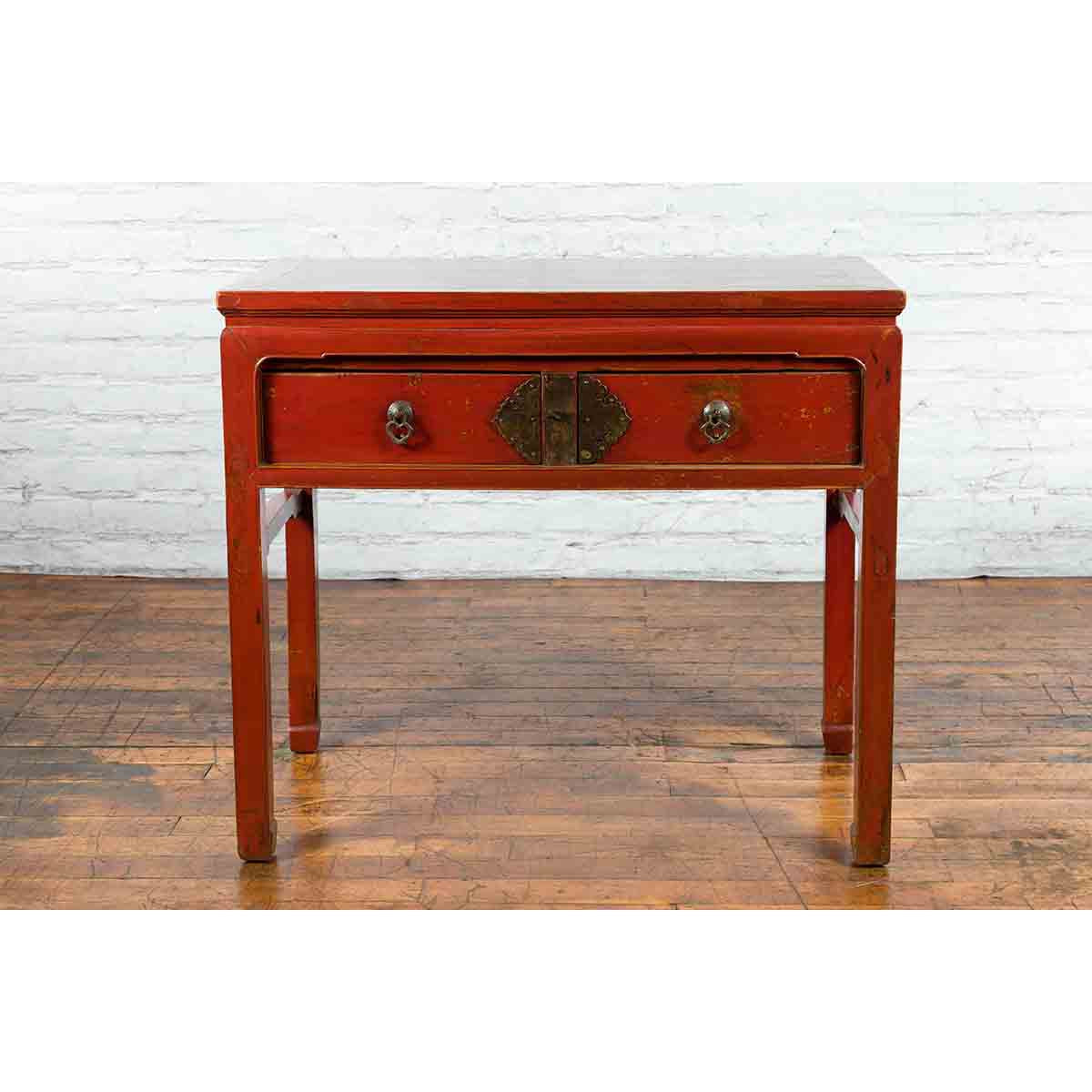 Chinese Red Lacquer Early 20th Century Two Drawer Desk with Brass Hardware-3. Asian & Chinese Furniture, Art, Antiques, Vintage Home Décor for sale at FEA Home