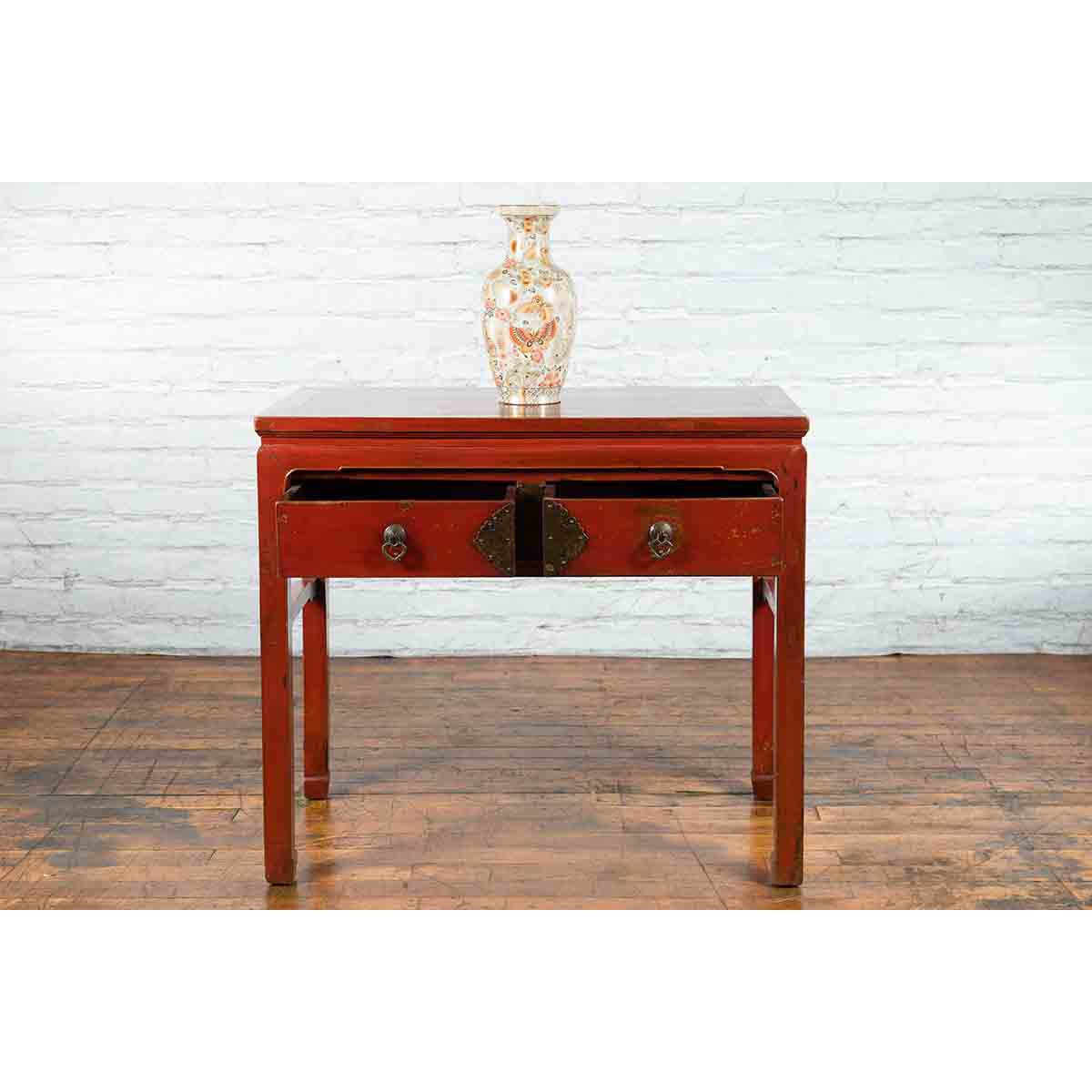 Chinese Red Lacquer Early 20th Century Two Drawer Desk with Brass Hardware-4. Asian & Chinese Furniture, Art, Antiques, Vintage Home Décor for sale at FEA Home