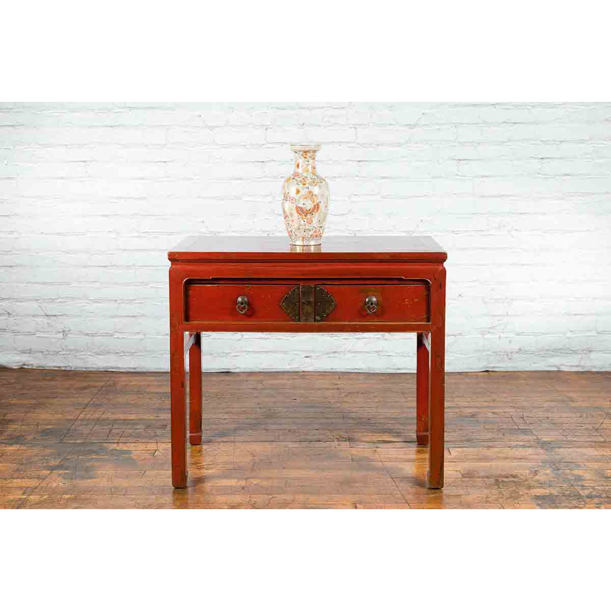 Chinese Red Lacquer Early 20th Century Two Drawer Desk with Brass Hardware-14. Asian & Chinese Furniture, Art, Antiques, Vintage Home Décor for sale at FEA Home