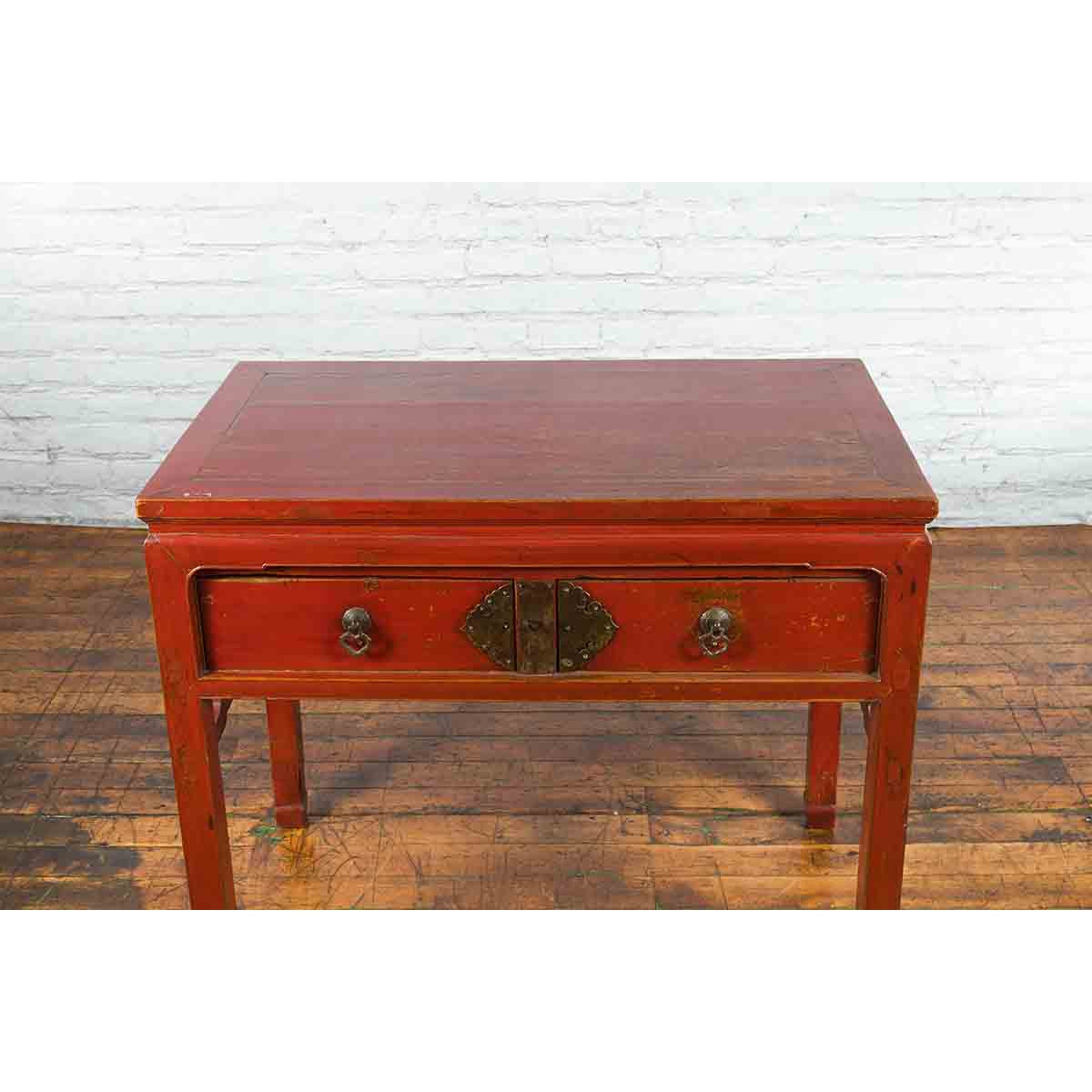 Chinese Red Lacquer Early 20th Century Two Drawer Desk with Brass Hardware-15. Asian & Chinese Furniture, Art, Antiques, Vintage Home Décor for sale at FEA Home