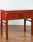 Chinese Red Lacquer Early 20th Century Two Drawer Desk with Brass Hardware-2. Asian & Chinese Furniture, Art, Antiques, Vintage Home Décor for sale at FEA Home