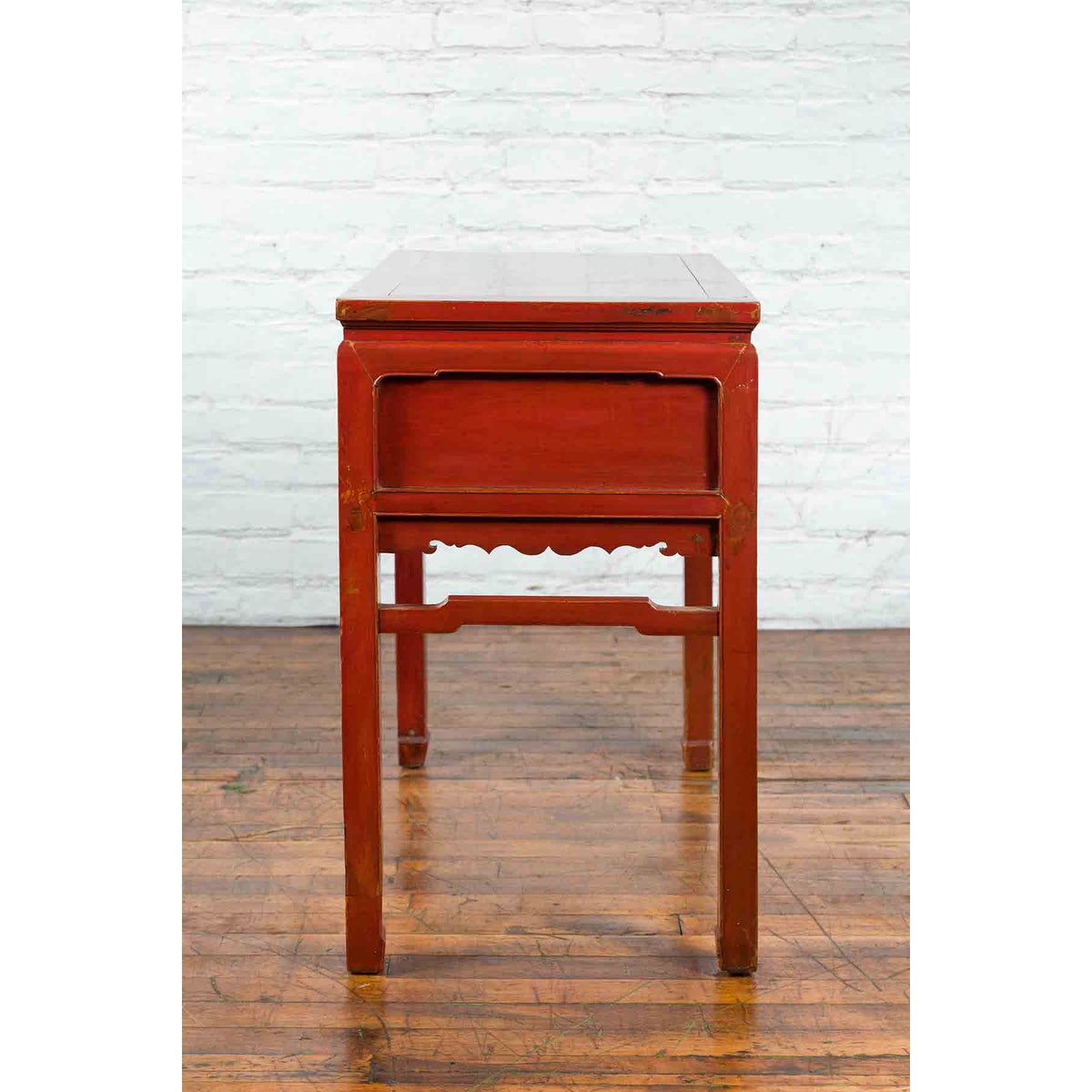 Chinese Red Lacquer Early 20th Century Two Drawer Desk with Brass Hardware-16. Asian & Chinese Furniture, Art, Antiques, Vintage Home Décor for sale at FEA Home