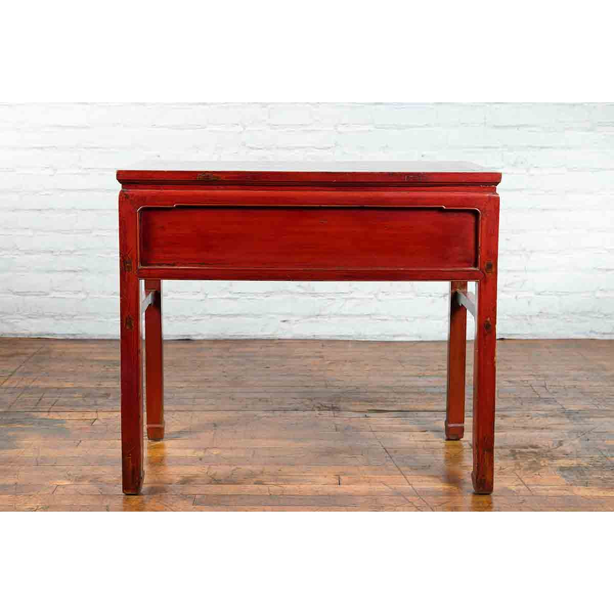 Chinese Red Lacquer Early 20th Century Two Drawer Desk with Brass Hardware-18. Asian & Chinese Furniture, Art, Antiques, Vintage Home Décor for sale at FEA Home