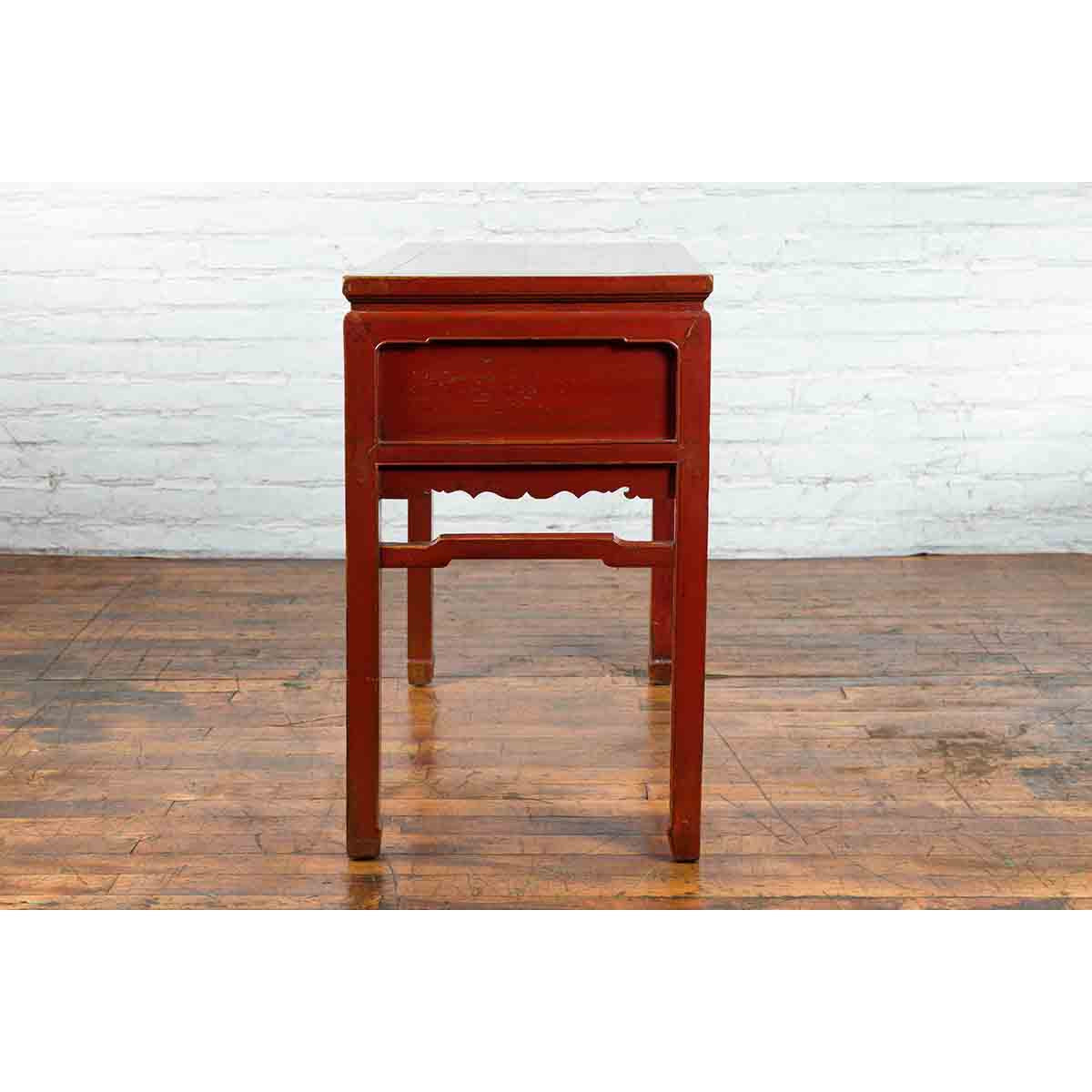 Chinese Red Lacquer Early 20th Century Two Drawer Desk with Brass Hardware-19. Asian & Chinese Furniture, Art, Antiques, Vintage Home Décor for sale at FEA Home