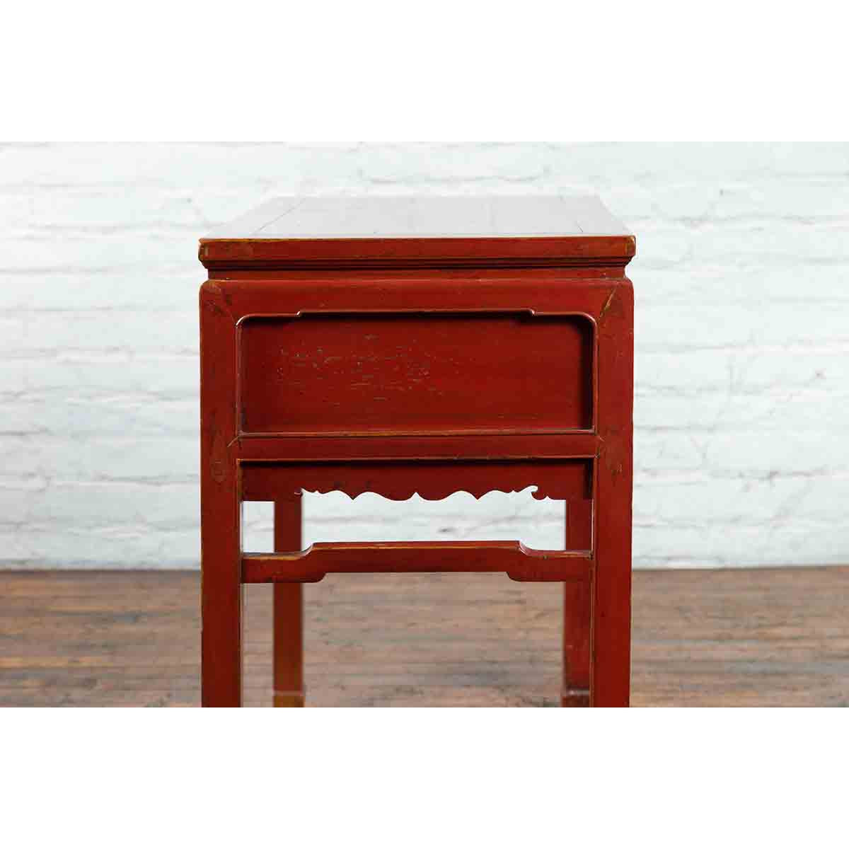 Chinese Red Lacquer Early 20th Century Two Drawer Desk with Brass Hardware-20. Asian & Chinese Furniture, Art, Antiques, Vintage Home Décor for sale at FEA Home