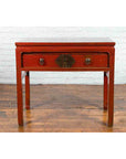 Chinese Red Lacquer Early 20th Century Two Drawer Desk with Brass Hardware-3. Asian & Chinese Furniture, Art, Antiques, Vintage Home Décor for sale at FEA Home