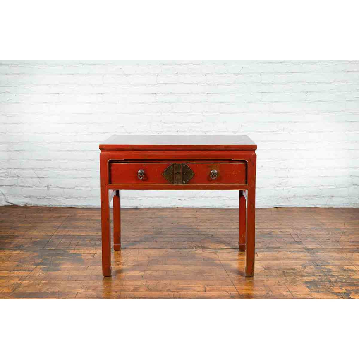 Chinese Red Lacquer Early 20th Century Two Drawer Desk with Brass Hardware-5. Asian & Chinese Furniture, Art, Antiques, Vintage Home Décor for sale at FEA Home
