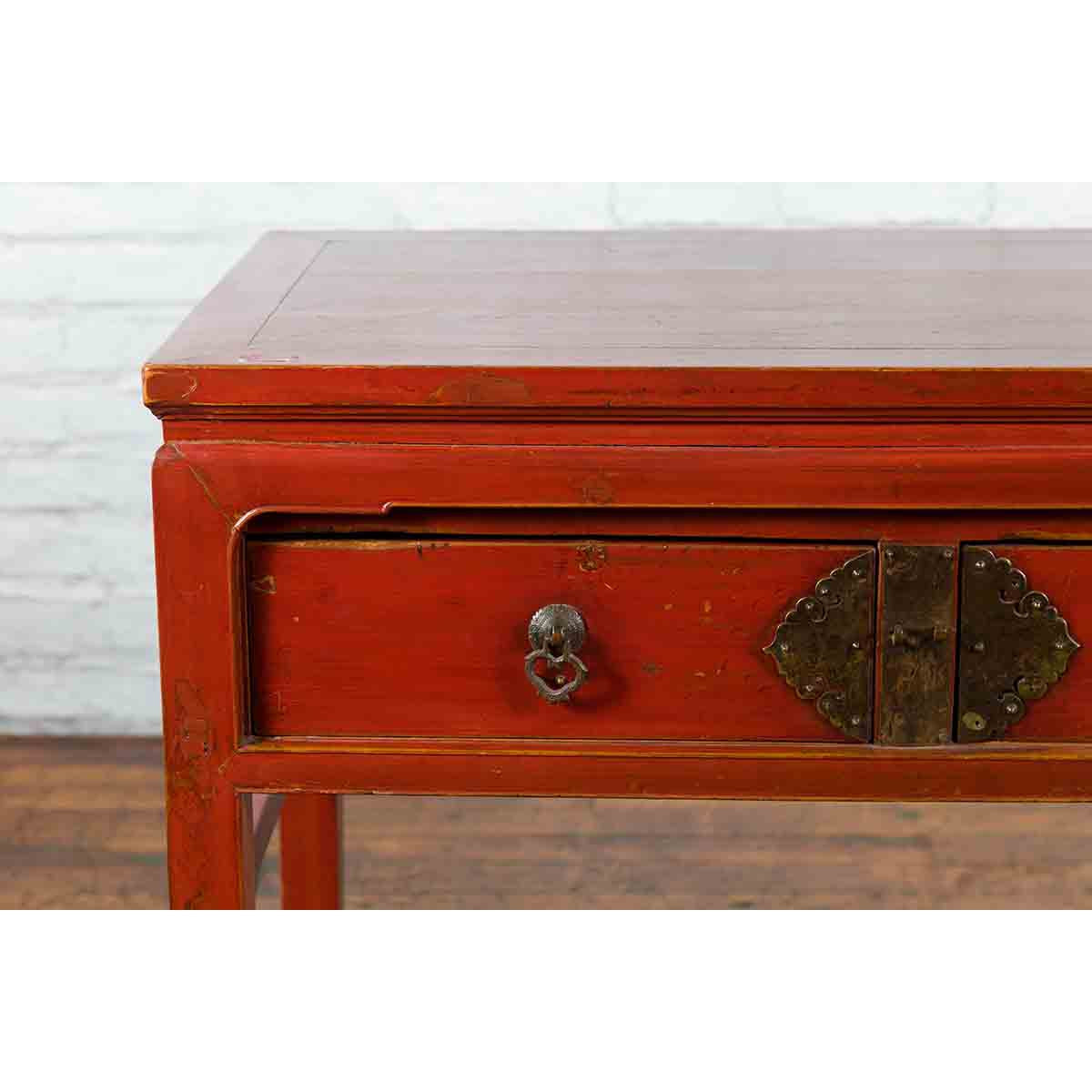 Chinese Red Lacquer Early 20th Century Two Drawer Desk with Brass Hardware-6. Asian & Chinese Furniture, Art, Antiques, Vintage Home Décor for sale at FEA Home