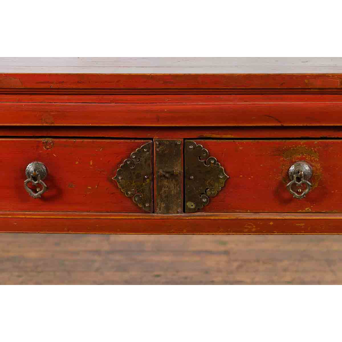 Chinese Red Lacquer Early 20th Century Two Drawer Desk with Brass Hardware-7. Asian & Chinese Furniture, Art, Antiques, Vintage Home Décor for sale at FEA Home