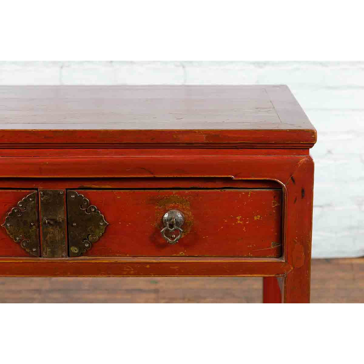 Chinese Red Lacquer Early 20th Century Two Drawer Desk with Brass Hardware-8. Asian & Chinese Furniture, Art, Antiques, Vintage Home Décor for sale at FEA Home