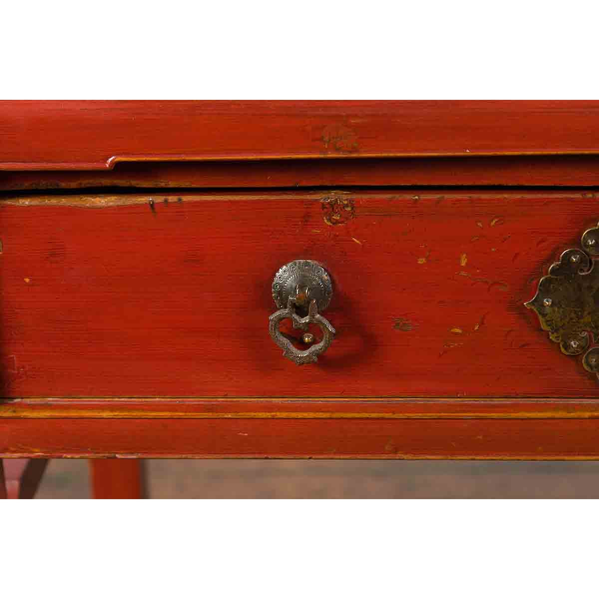 Chinese Red Lacquer Early 20th Century Two Drawer Desk with Brass Hardware-9. Asian & Chinese Furniture, Art, Antiques, Vintage Home Décor for sale at FEA Home