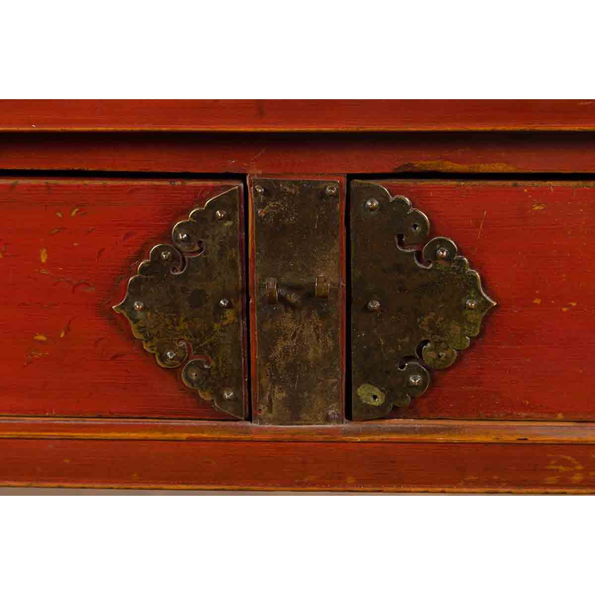 Chinese Red Lacquer Early 20th Century Two Drawer Desk with Brass Hardware-10. Asian & Chinese Furniture, Art, Antiques, Vintage Home Décor for sale at FEA Home