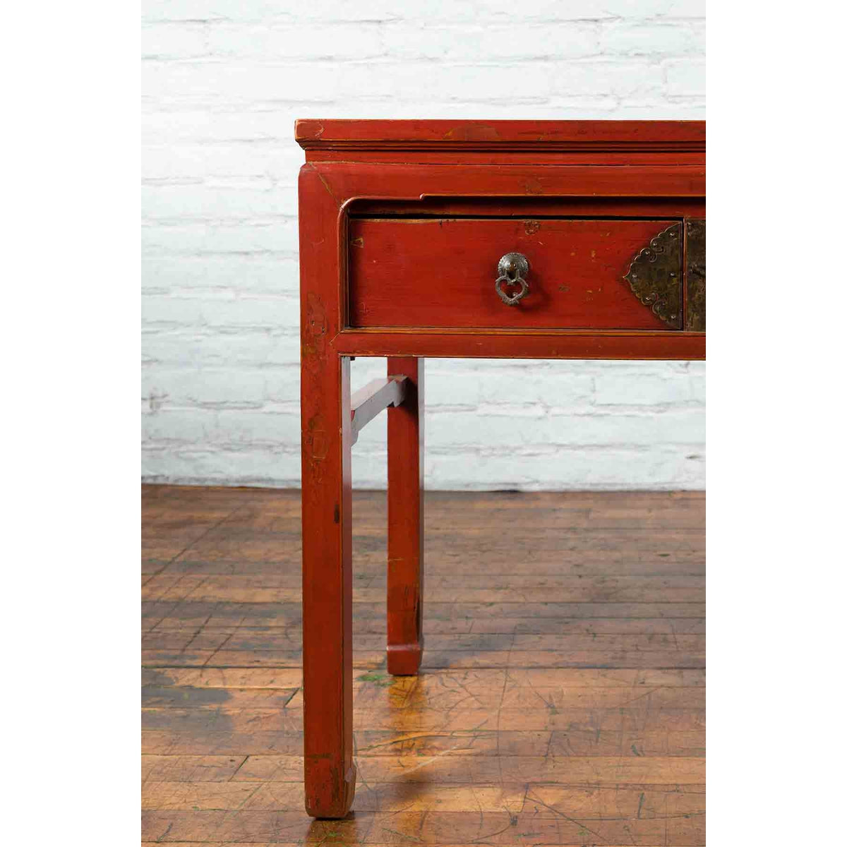 Chinese Red Lacquer Early 20th Century Two Drawer Desk with Brass Hardware-11. Asian & Chinese Furniture, Art, Antiques, Vintage Home Décor for sale at FEA Home