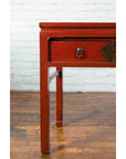 Chinese Red Lacquer Early 20th Century Two Drawer Desk with Brass Hardware-11. Asian & Chinese Furniture, Art, Antiques, Vintage Home Décor for sale at FEA Home