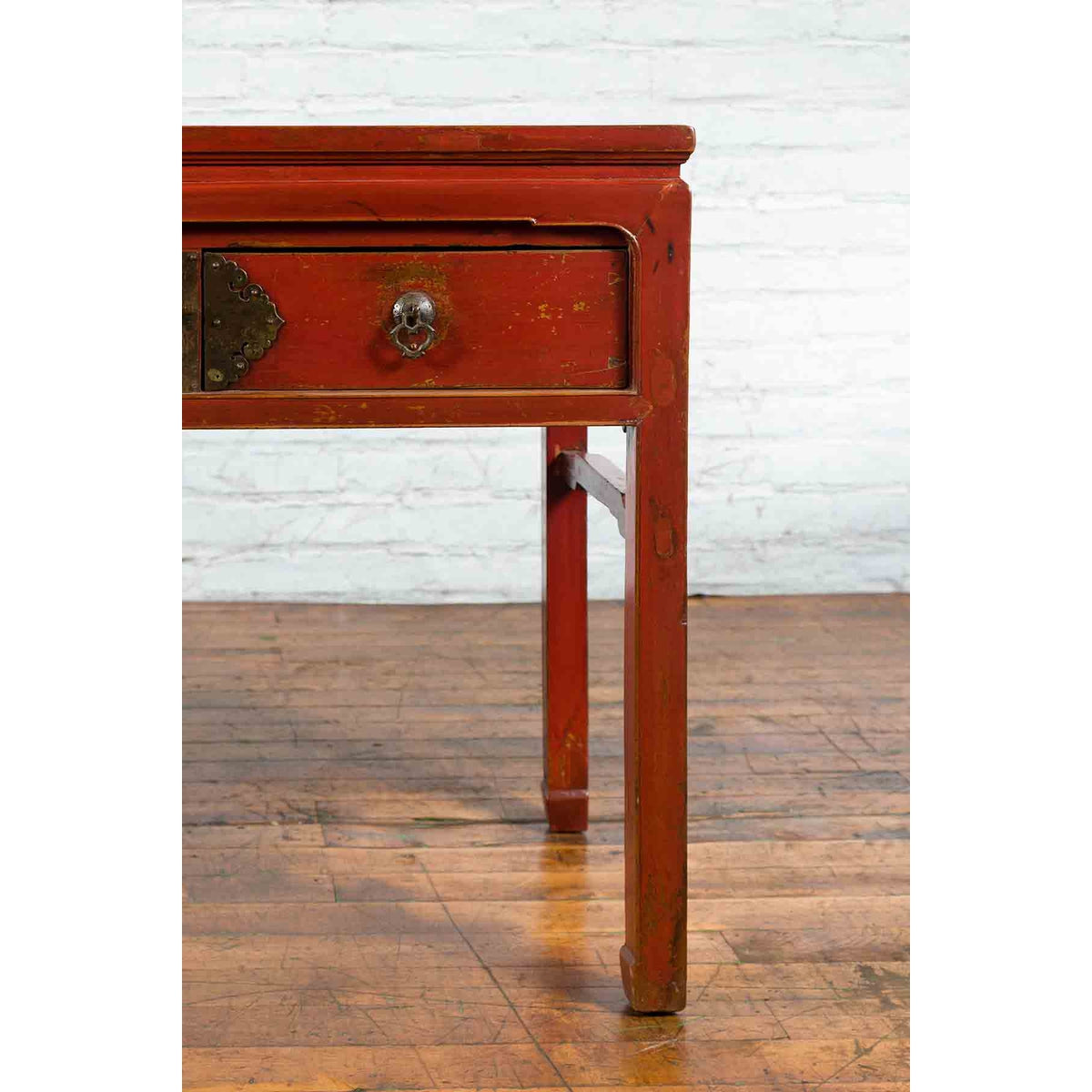 Chinese Red Lacquer Early 20th Century Two Drawer Desk with Brass Hardware-12. Asian & Chinese Furniture, Art, Antiques, Vintage Home Décor for sale at FEA Home
