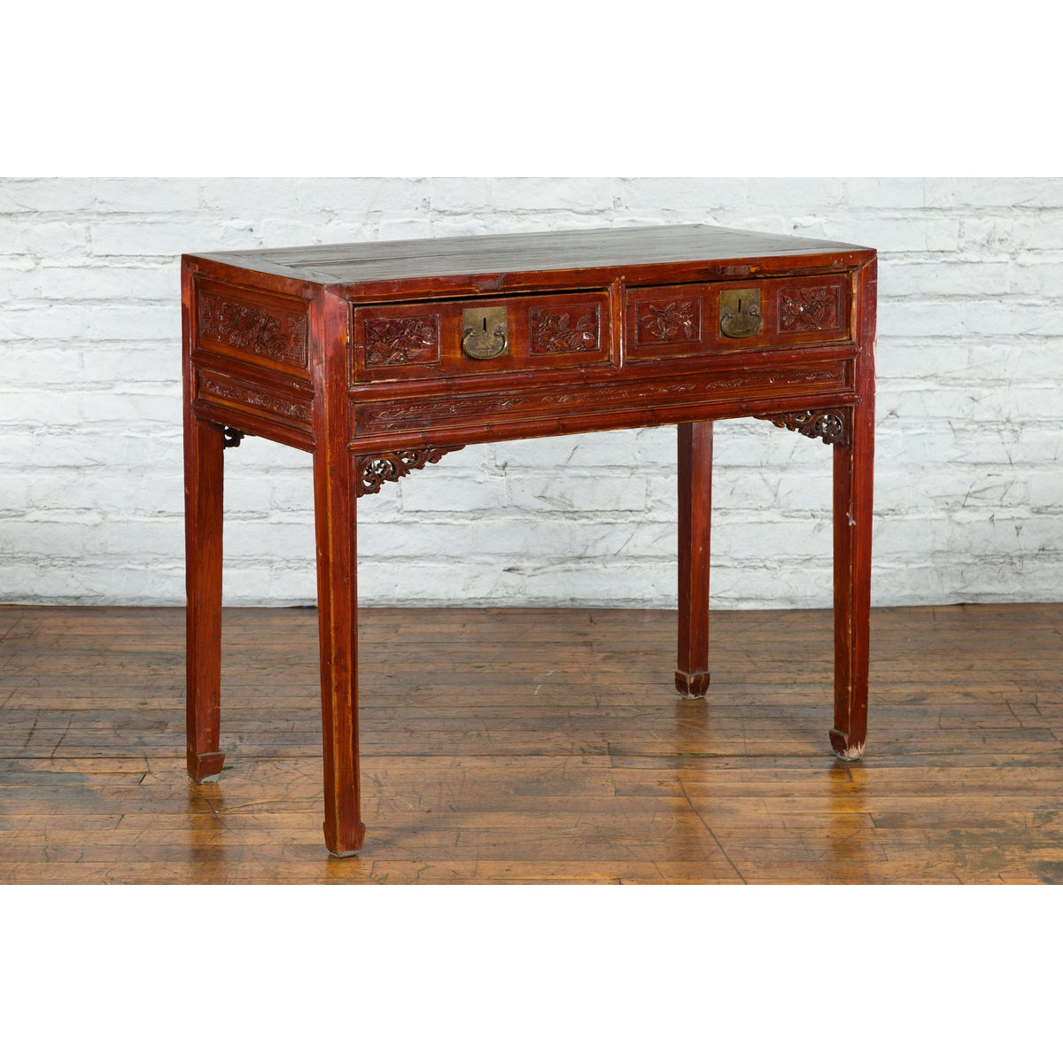 Chinese Qing Dynasty Period 19th Century Reddish Brown Table with Two Drawers-13. Asian & Chinese Furniture, Art, Antiques, Vintage Home Décor for sale at FEA Home