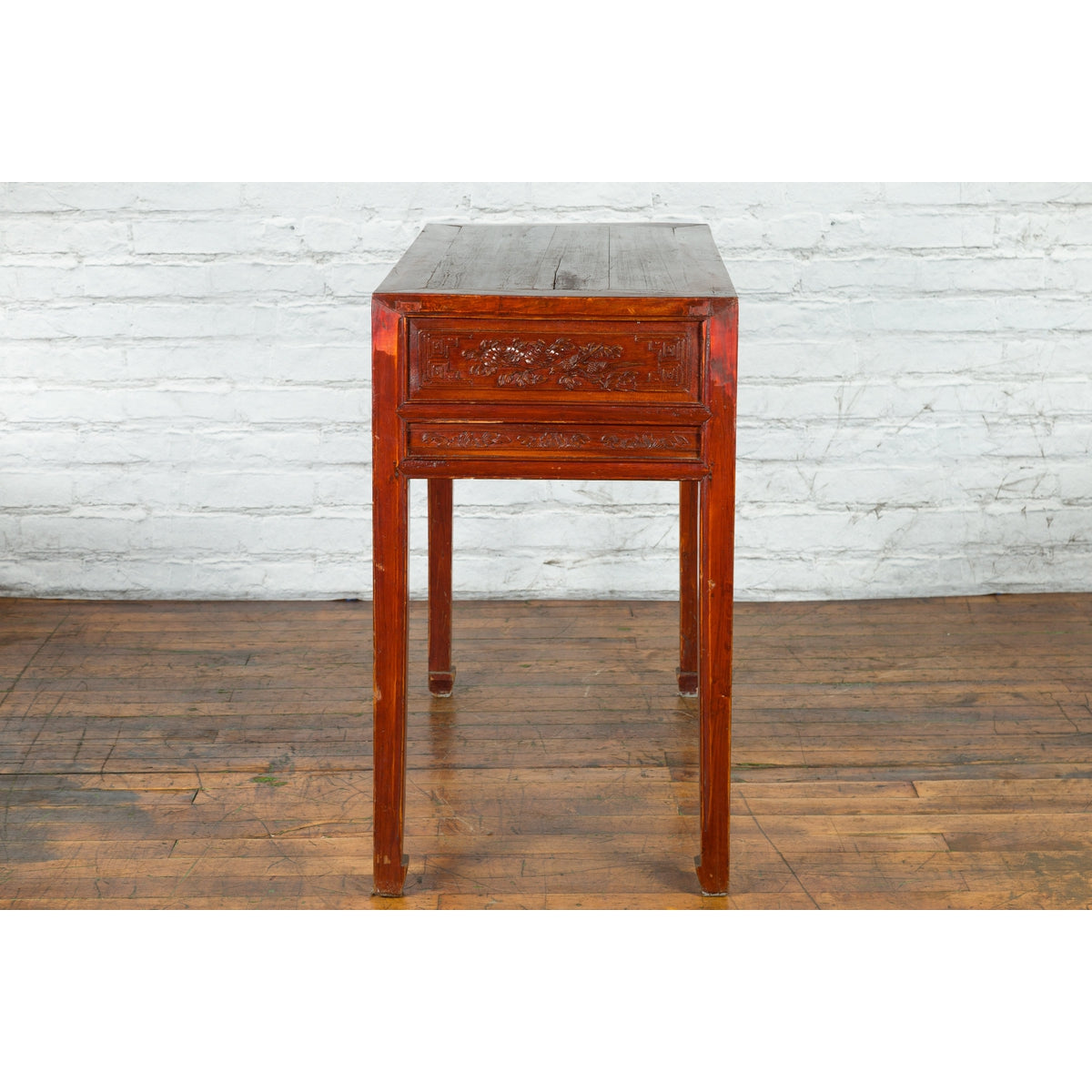 Chinese Qing Dynasty Period 19th Century Reddish Brown Table with Two Drawers-14. Asian & Chinese Furniture, Art, Antiques, Vintage Home Décor for sale at FEA Home