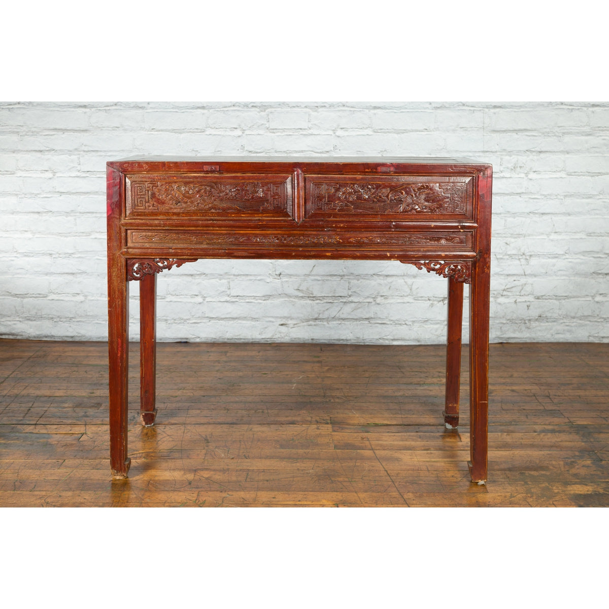 Chinese Qing Dynasty Period 19th Century Reddish Brown Table with Two Drawers-17. Asian & Chinese Furniture, Art, Antiques, Vintage Home Décor for sale at FEA Home