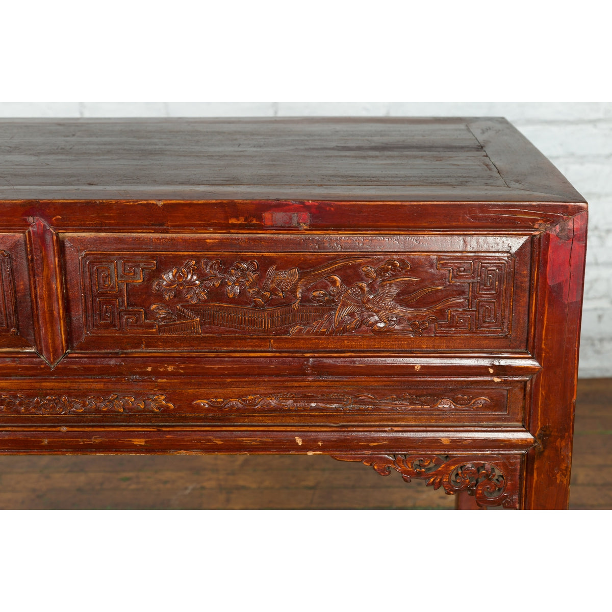 Chinese Qing Dynasty Period 19th Century Reddish Brown Table with Two Drawers-19. Asian & Chinese Furniture, Art, Antiques, Vintage Home Décor for sale at FEA Home