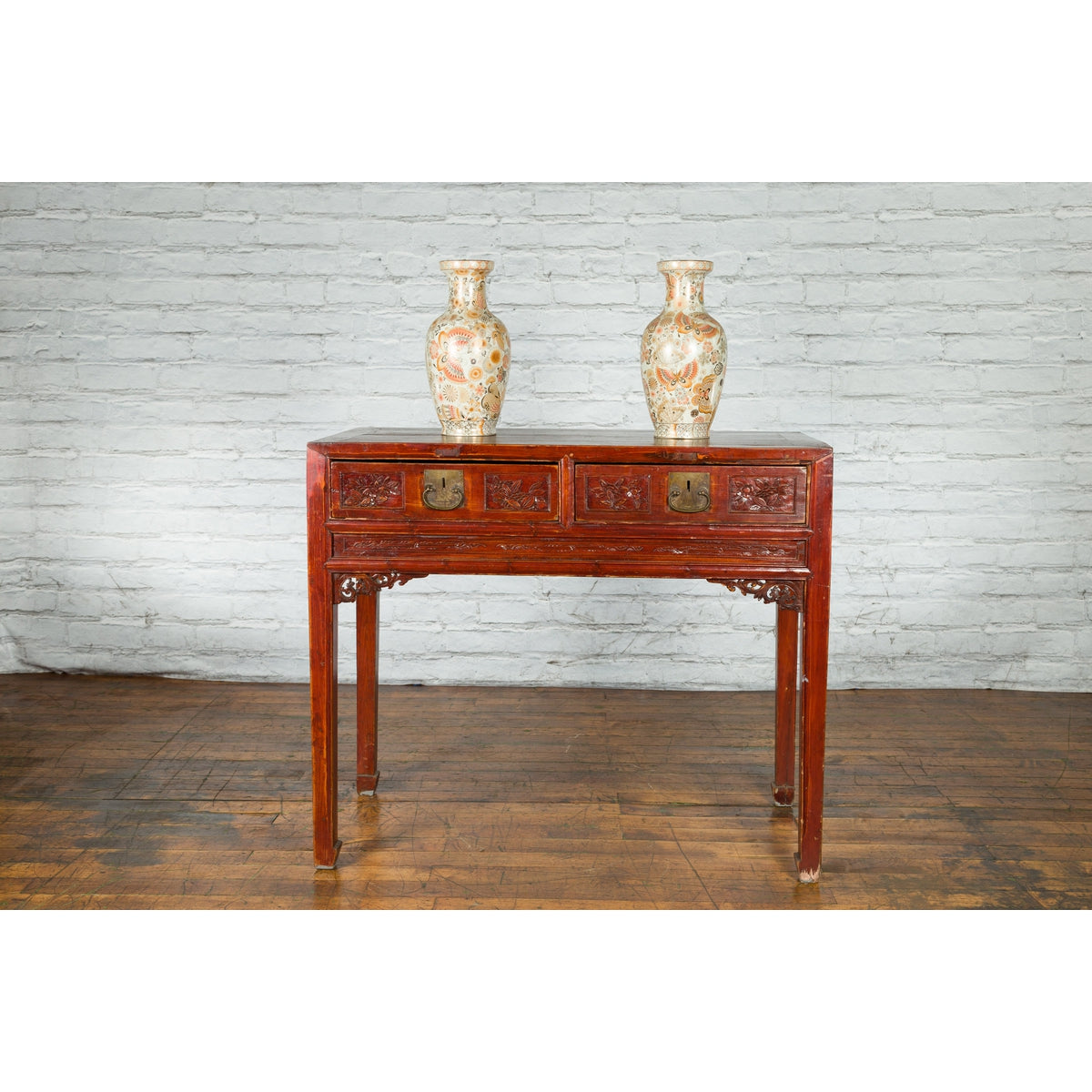 Chinese Qing Dynasty Period 19th Century Reddish Brown Table with Two Drawers-3. Asian & Chinese Furniture, Art, Antiques, Vintage Home Décor for sale at FEA Home