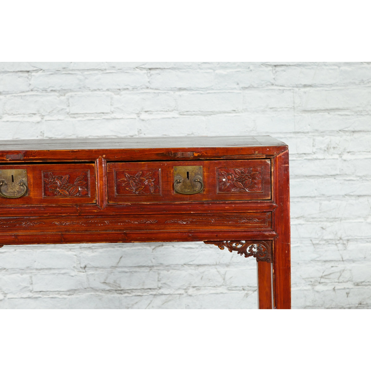 Chinese Qing Dynasty Period 19th Century Reddish Brown Table with Two Drawers-6. Asian & Chinese Furniture, Art, Antiques, Vintage Home Décor for sale at FEA Home