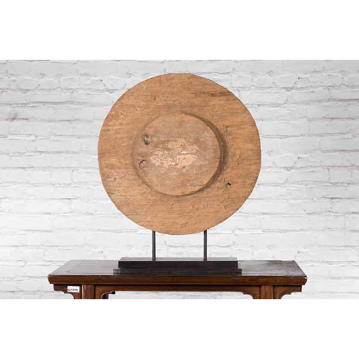 Antique Chinese 19th Century Rustic Mounted Ox Cart Wooden Wheel on Base-3. Asian & Chinese Furniture, Art, Antiques, Vintage Home Décor for sale at FEA Home
