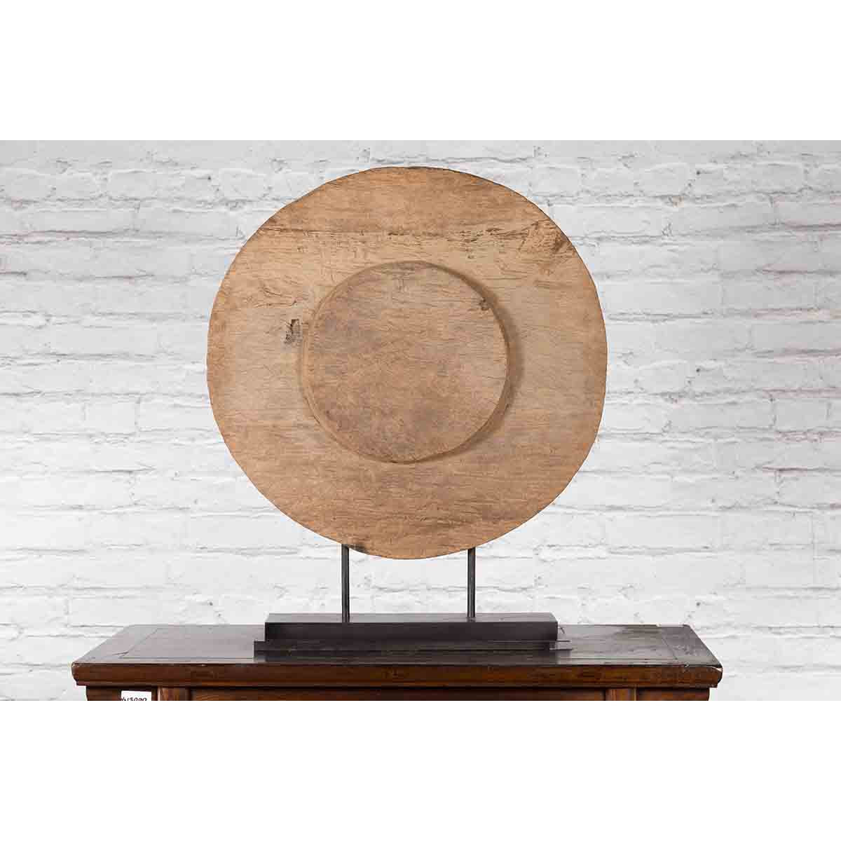 Antique Chinese 19th Century Rustic Mounted Ox Cart Wooden Wheel on Base-6. Asian & Chinese Furniture, Art, Antiques, Vintage Home Décor for sale at FEA Home