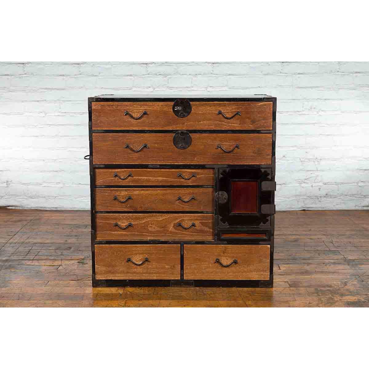 Japanese 19th Century Meiji Period Brown and Black Tansu Clothing Chest-4. Asian & Chinese Furniture, Art, Antiques, Vintage Home Décor for sale at FEA Home