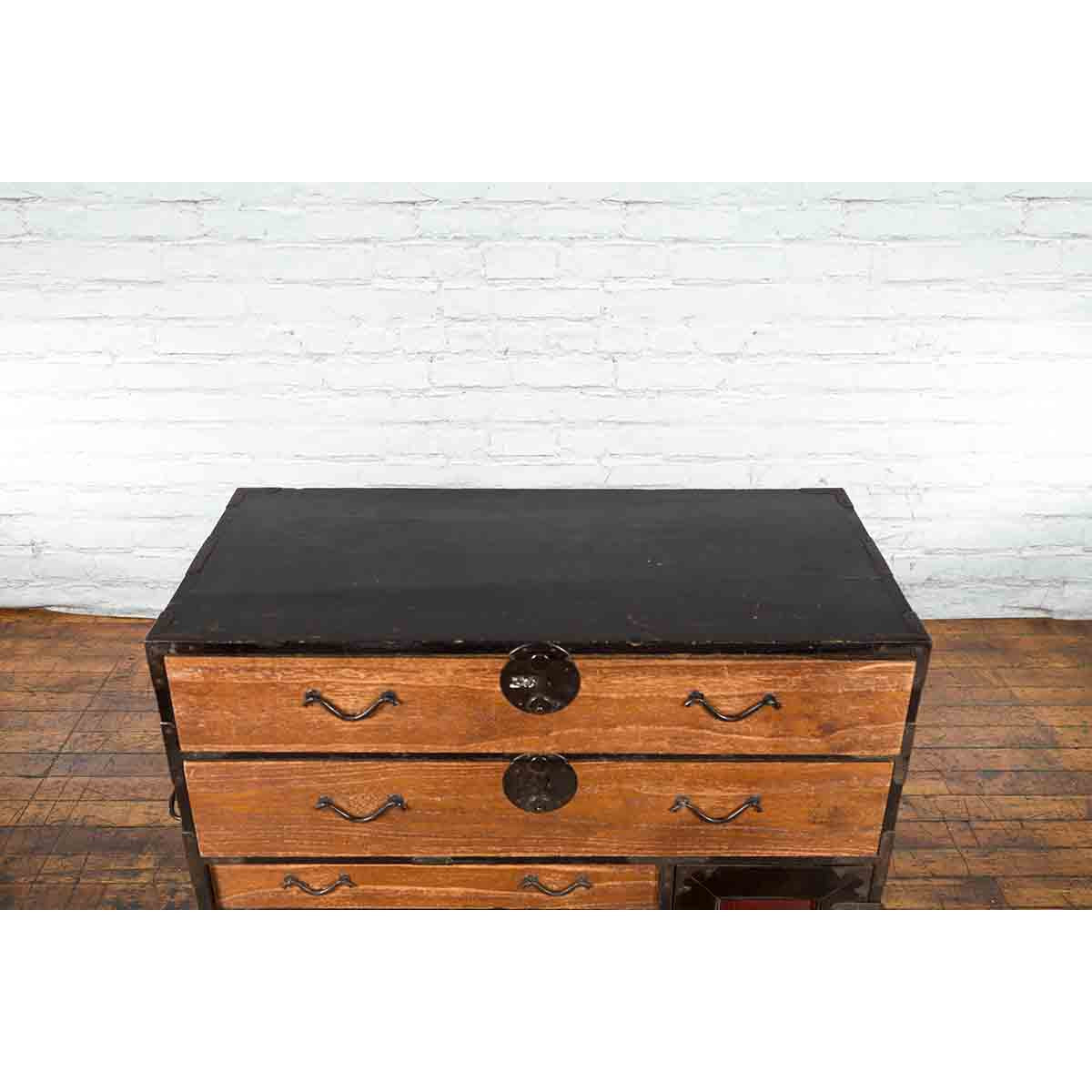 Japanese 19th Century Meiji Period Brown and Black Tansu Clothing Chest-15. Asian & Chinese Furniture, Art, Antiques, Vintage Home Décor for sale at FEA Home